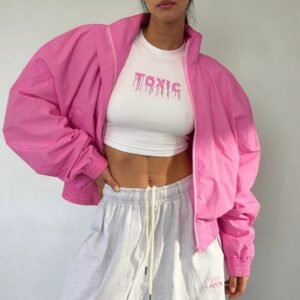 Womens Stand-collar Loose-fit Jacket, Short-length Outerwear