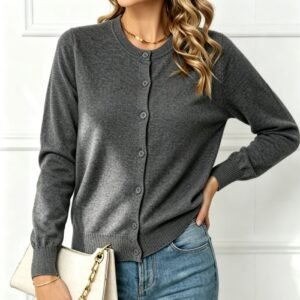 Women's Buckle Round Neck Long Sleeve Soft Knitted