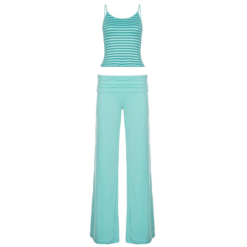 Striped Color-block Camisole And Straight-leg Casual Pants Set