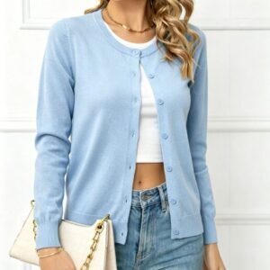 Women's Buckle Round Neck Long Sleeve Soft Knitted