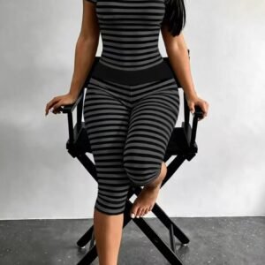 Summer New Striped Short-sleeve Leggings Set