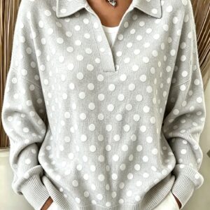 Loose-fitting Long-sleeve Polo-neck Knit Sweater With Digital Print