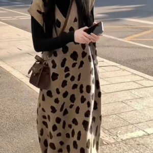 Womens Relaxed-fit Leopard-print Knitted Fashion Midi Vest Dress