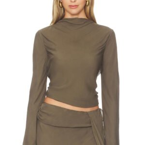 Stand-collar Pleated Flared Long-sleeve Top High-waisted Skirt