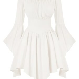 Medieval Vintage Off Shoulder Dress - Women's Cinched Waist Asymmetrical Hem Summer Casual Tunic