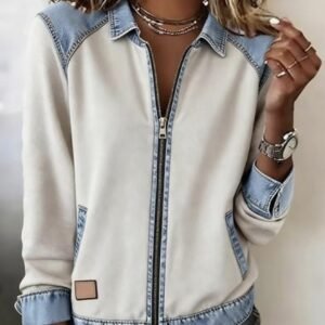 Womens Denim Patchwork Zip-Up Jacket