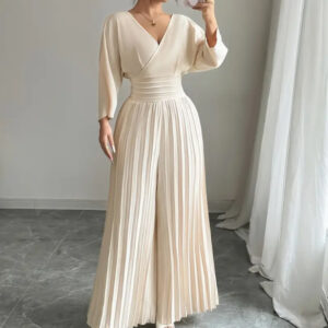 Womens Fashionable V-Neck High-Waisted Solid-Color Jumpsuit