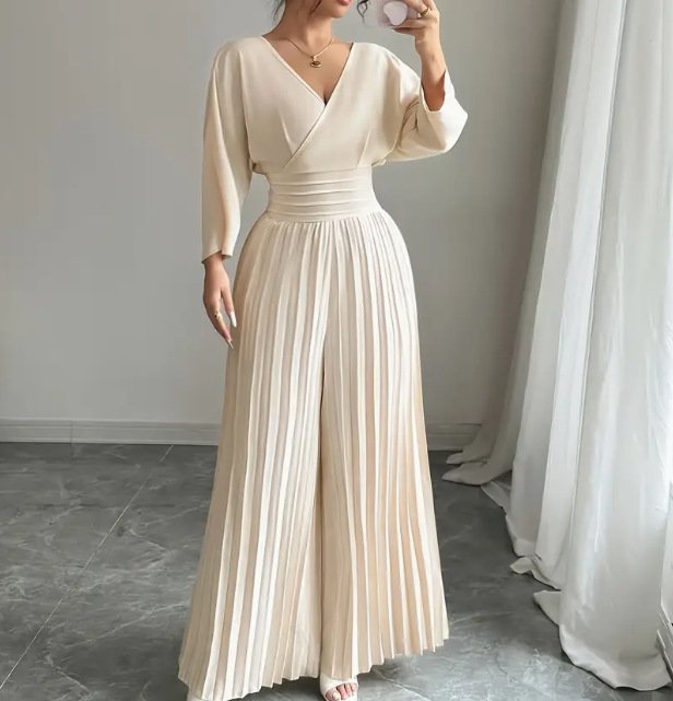 Womens Fashionable V-Neck High-Waisted Solid-Color Jumpsuit