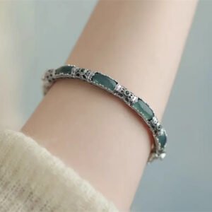 Plain-face Bracelet With An Open Design Featuring Blue-water Jade In A Traditional Ethnic Style