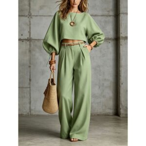 Women's Solid-color Bubble-sleeve Cropped Top And Long Pants Set