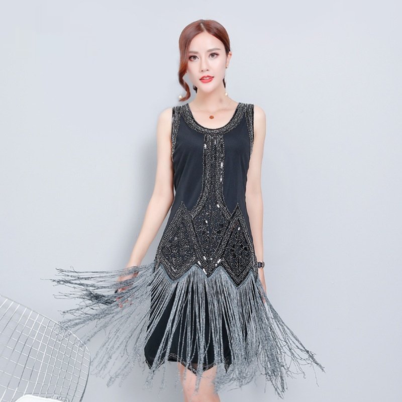 Retro Sequined Elegant Tassel Sleeveless Dress