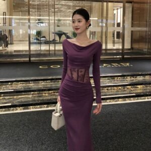 Womens Casual Boat-neck Long-sleeve Dress