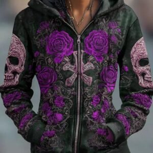 Printed Hooded Zip-Up Cardigan Fashionable Casual Womens Sweatshirt