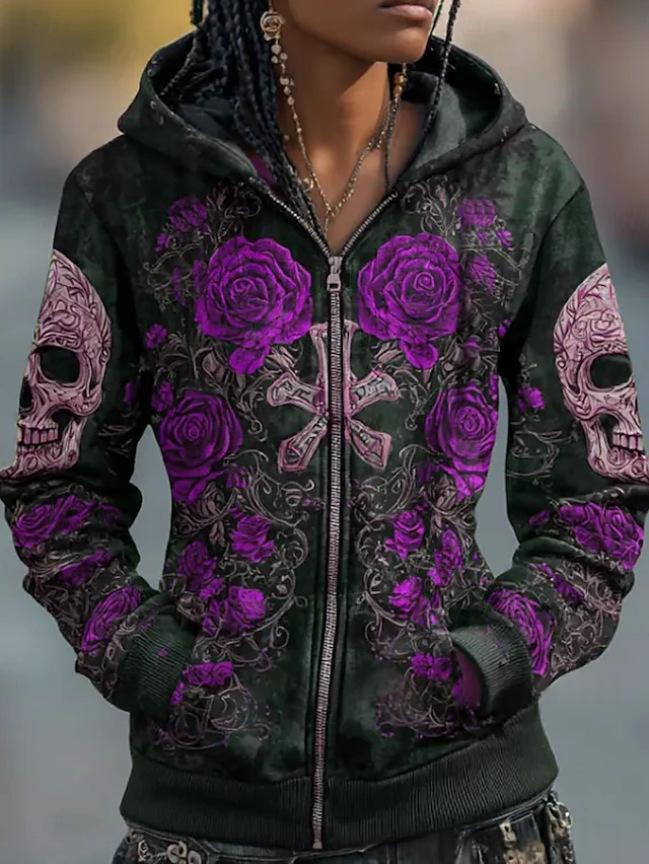 Printed Hooded Zip-Up Cardigan Fashionable Casual Womens Sweatshirt