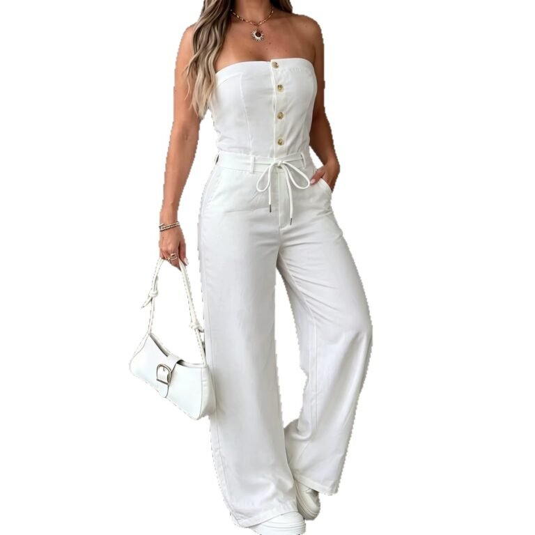 Womens Single-breasted Strapless Drawstring-button Wide-leg Jumpsuit