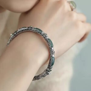Plain-face Bracelet With An Open Design Featuring Blue-water Jade In A Traditional Ethnic Style