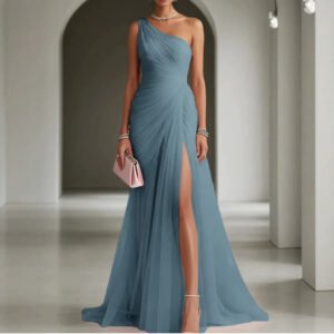 Long Evening Gown Fashionable One-shoulder Slit Party Dress