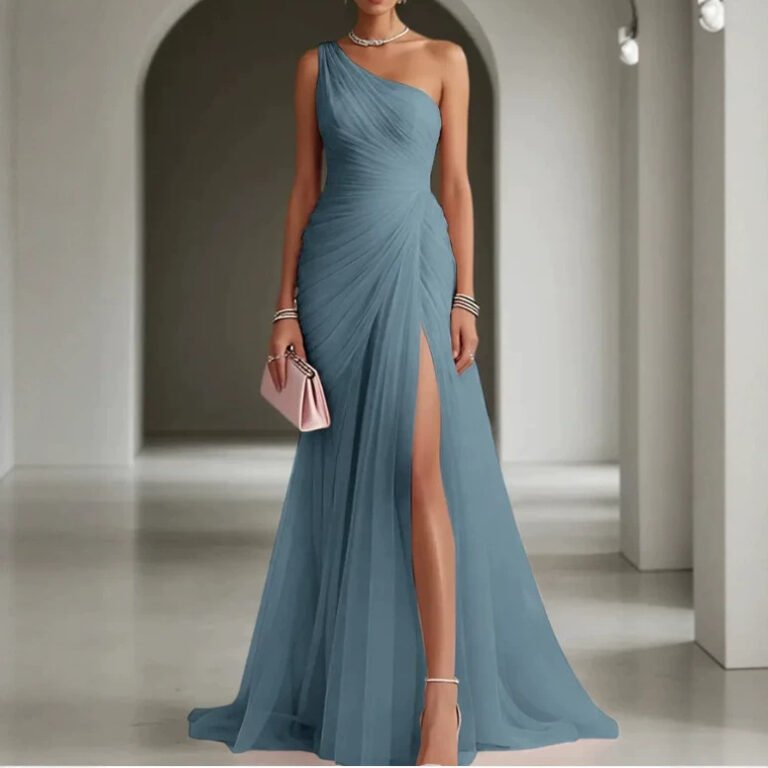 Long Evening Gown Fashionable One-shoulder Slit Party Dress