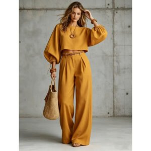 Women's Solid-color Bubble-sleeve Cropped Top And Long Pants Set