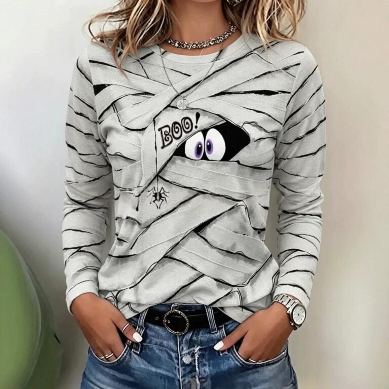 Womens Printed Crew-neck Casual Long-sleeve Top
