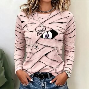 Womens Printed Crew-neck Casual Long-sleeve Top