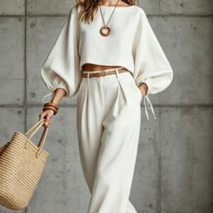 Women's Solid-color Bubble-sleeve Cropped Top And Long Pants Set