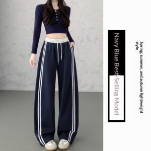 Womens High-waisted Color-block Loose-fitting Wide-leg Pants With Side Stripes