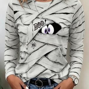 Womens Printed Crew-neck Casual Long-sleeve Top