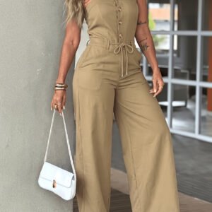 Womens Single-breasted Strapless Drawstring-button Wide-leg Jumpsuit