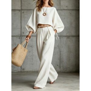 Women's Solid-color Bubble-sleeve Cropped Top And Long Pants Set