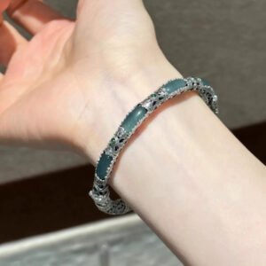 Plain-face Bracelet With An Open Design Featuring Blue-water Jade In A Traditional Ethnic Style