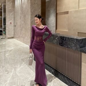 Womens Casual Boat-neck Long-sleeve Dress