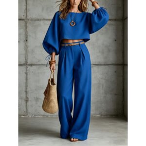 Women's Solid-color Bubble-sleeve Cropped Top And Long Pants Set
