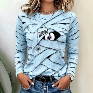 Womens Printed Crew-neck Casual Long-sleeve Top