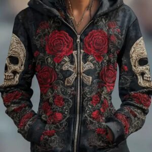 Printed Hooded Zip-Up Cardigan Fashionable Casual Womens Sweatshirt