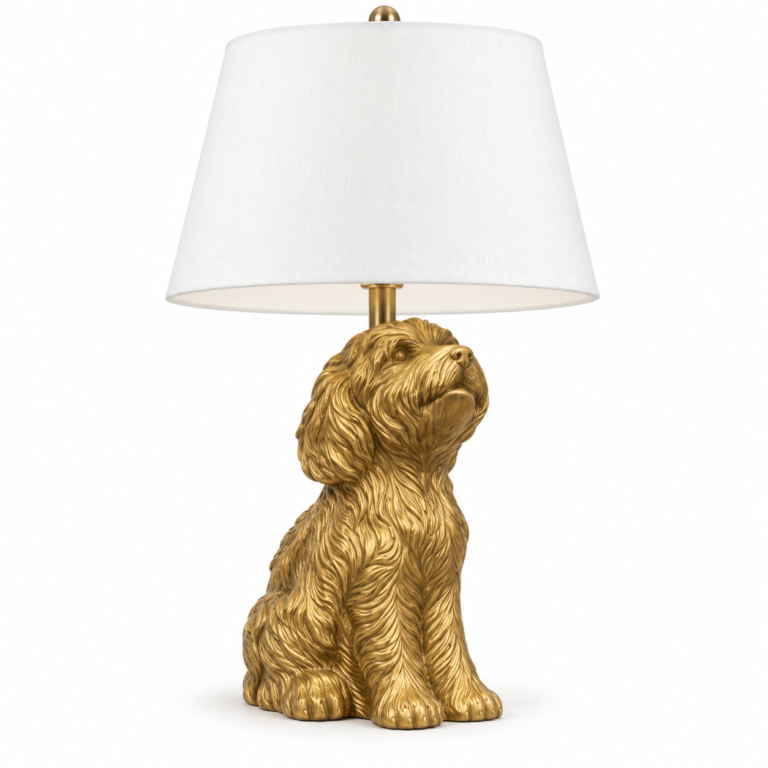 Gold Dog Sculpture Table Lamp with White Fabric Shade ..  walm